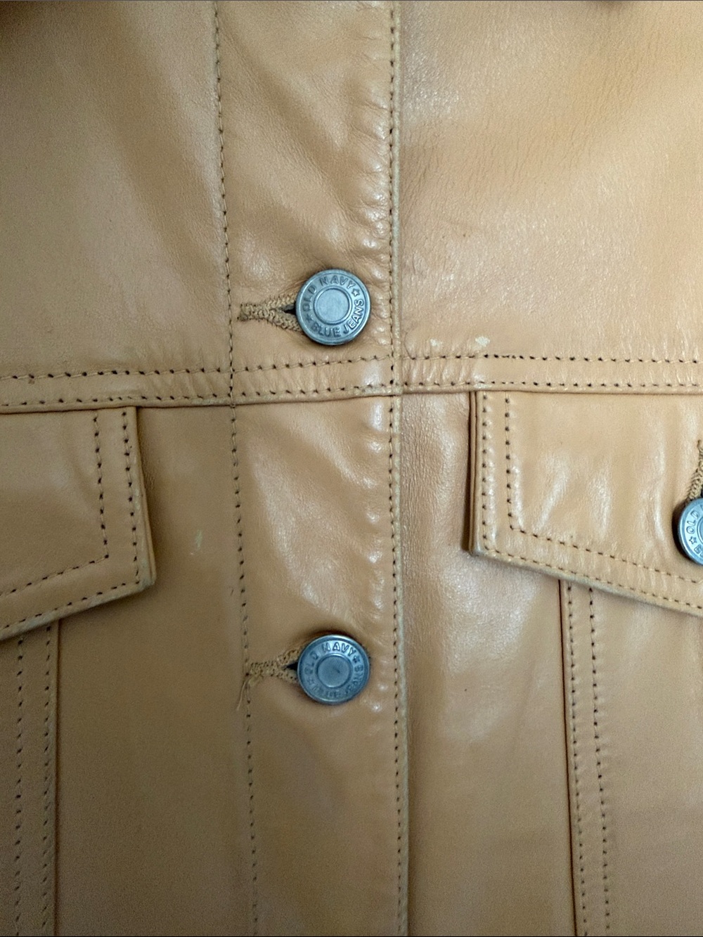Vintage Y2K 90’s Old Navy Women’s Camel Tan Leather Trucker Jacket Size Small - Picture 10 of 14